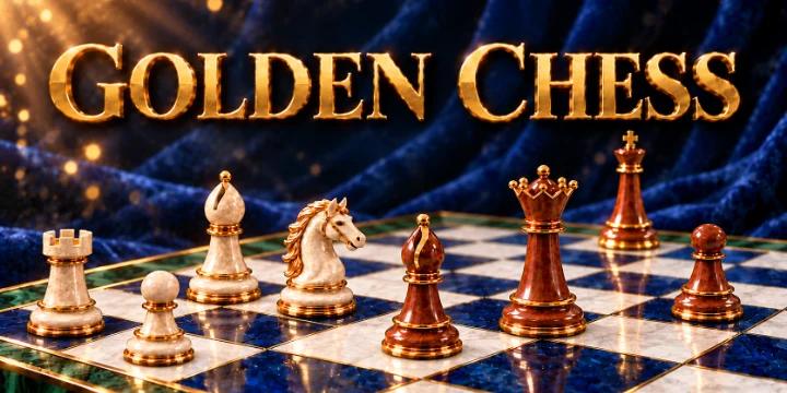 Golden Chess concept art: ivory and mahogany chess pieces with gold trim on a malachite and sapphire board